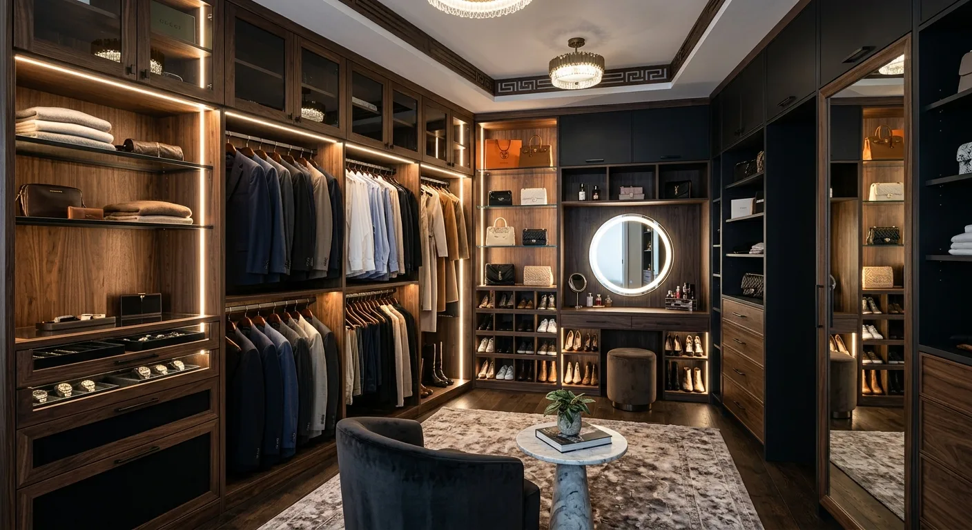 Walk-in šatna s LED a zrcadlem